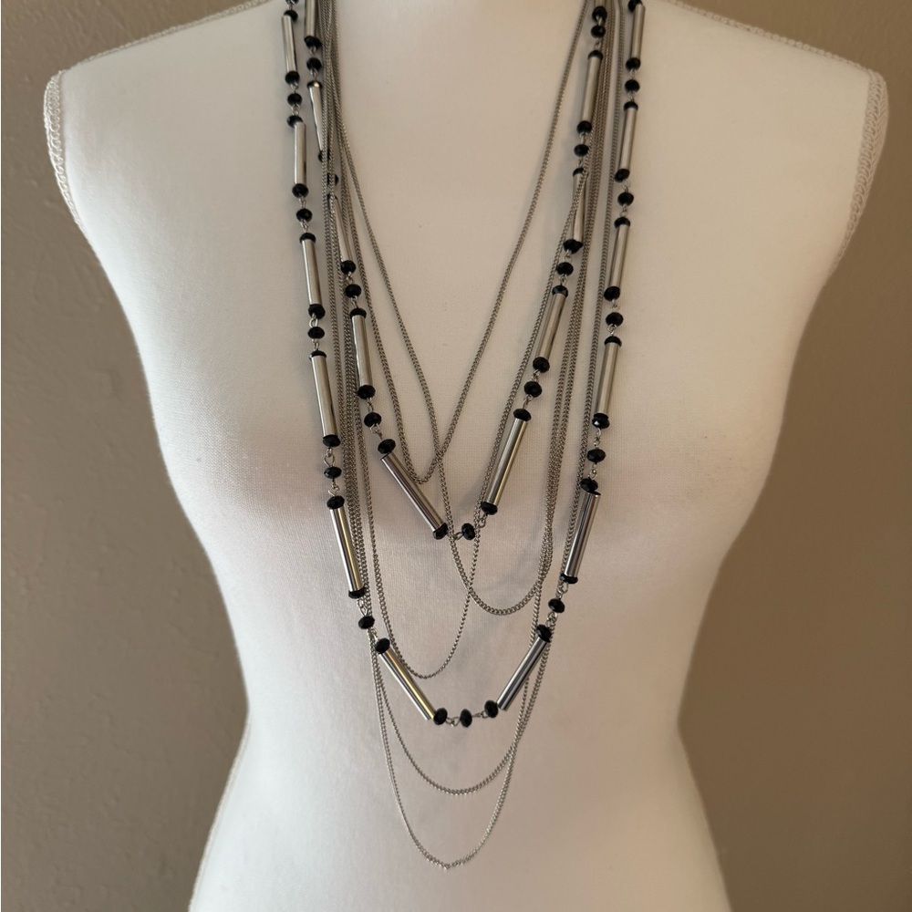You & I Black and Silver Layered Necklace and Earrings